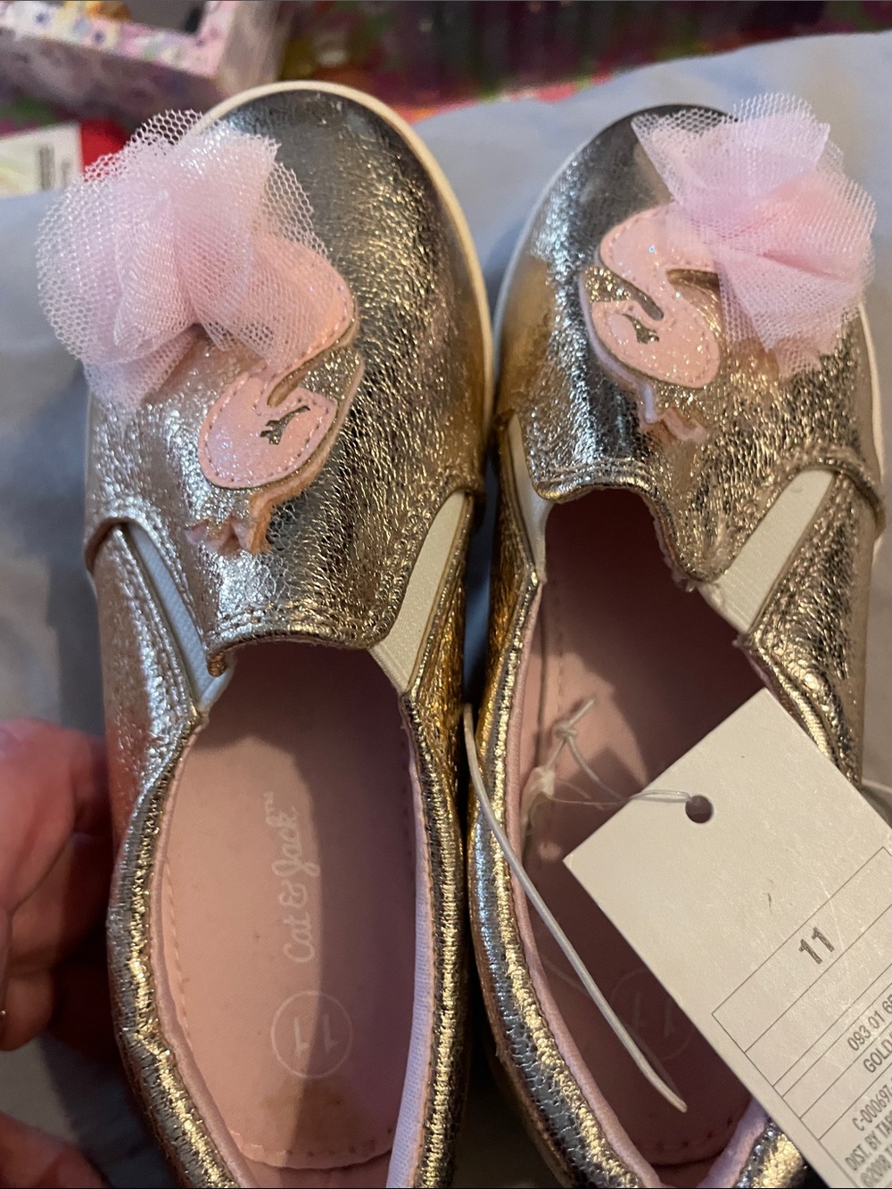 Cat & Jack Metallic Gold Slip-On Sneakers with Pink Flamingo Accents